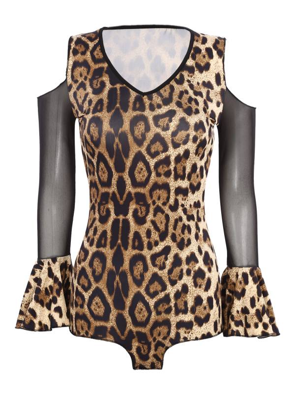 Women V Neck Cold Shoulder Long Sleeve Latin Dance Leotard thumb