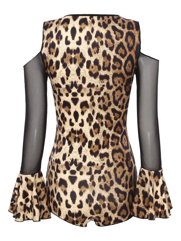 Women V Neck Cold Shoulder Long Sleeve Latin Dance Leotard thumb