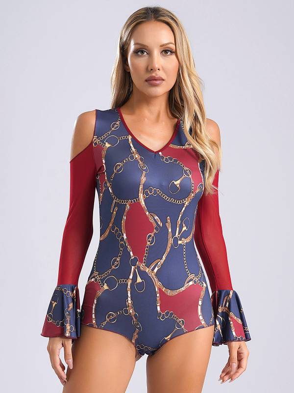 Women V Neck Cold Shoulder Long Sleeve Latin Dance Leotard thumb