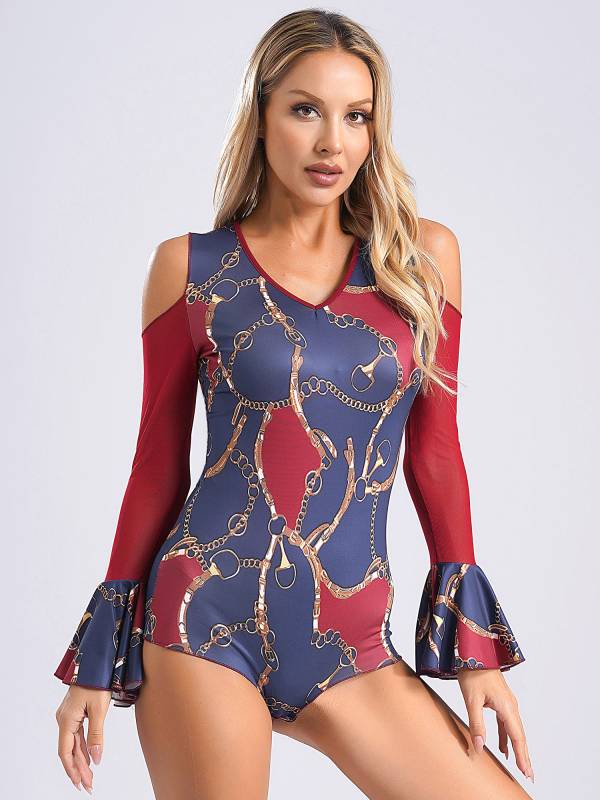 Women V Neck Cold Shoulder Long Sleeve Latin Dance Leotard thumb