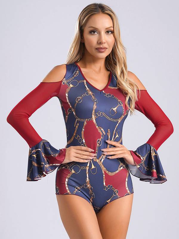 Women V Neck Cold Shoulder Long Sleeve Latin Dance Leotard thumb