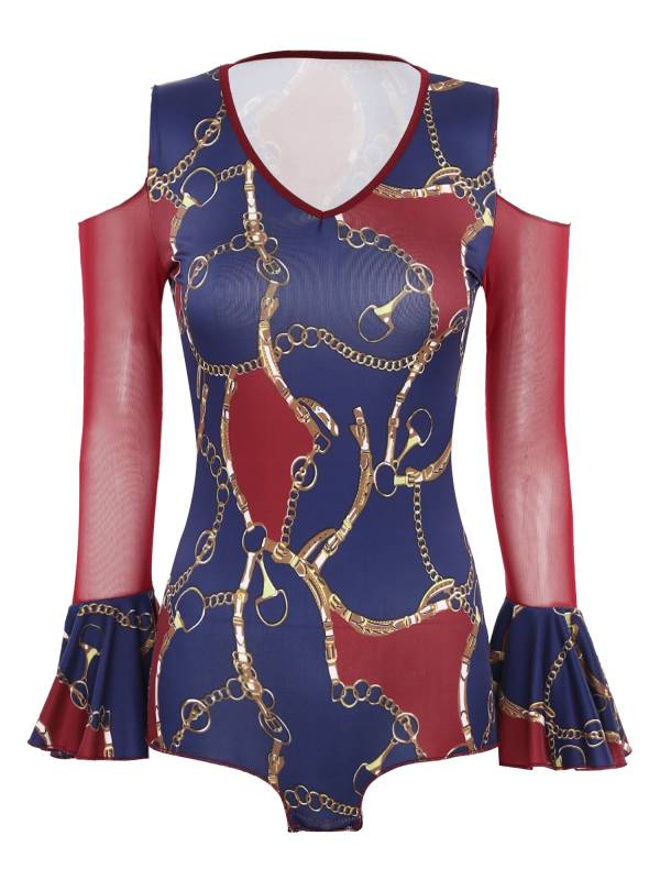 Women V Neck Cold Shoulder Long Sleeve Latin Dance Leotard thumb