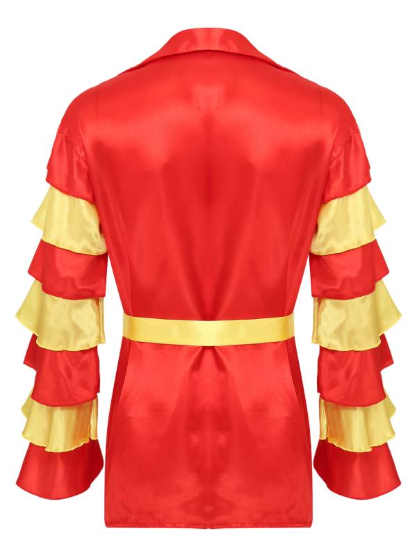 Men Satiny Lapel V Neck Flare Sleeve Shirt with Belt for Carnivals thumb