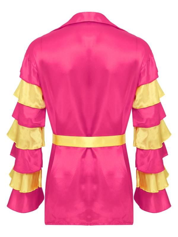 Men Satiny Lapel V Neck Flare Sleeve Shirt with Belt for Carnivals thumb