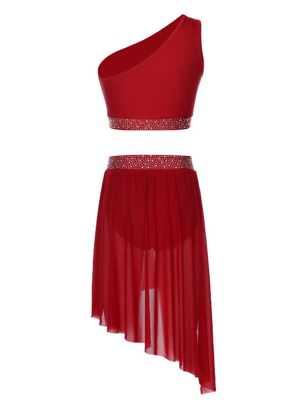 Women 2pcs One Shoulder Rhinestones Crop Top and Asymmetrical Skirt Dance Set thumb