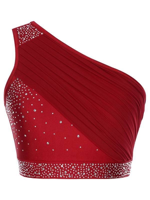 Women 2pcs One Shoulder Rhinestones Crop Top and Asymmetrical Skirt Dance Set thumb