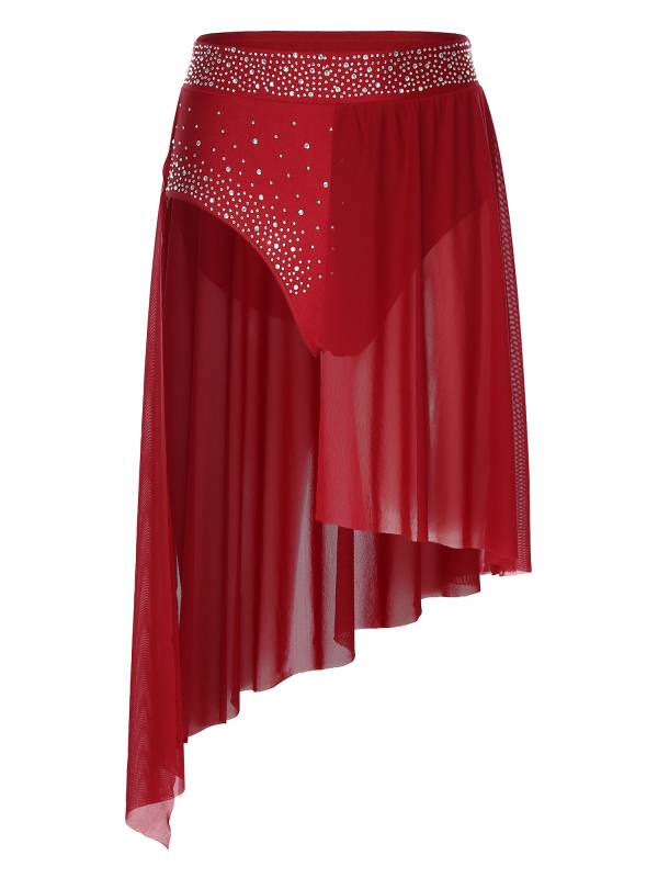 Women 2pcs One Shoulder Rhinestones Crop Top and Asymmetrical Skirt Dance Set thumb