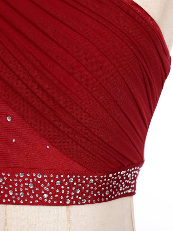 Women 2pcs One Shoulder Rhinestones Crop Top and Asymmetrical Skirt Dance Set thumb