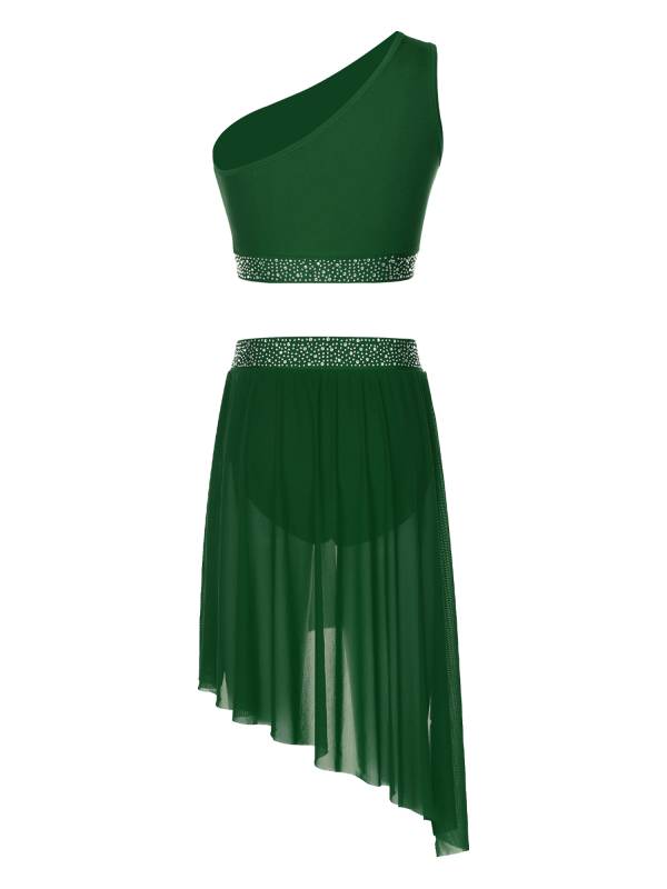 Women 2pcs One Shoulder Rhinestones Crop Top and Asymmetrical Skirt Dance Set thumb