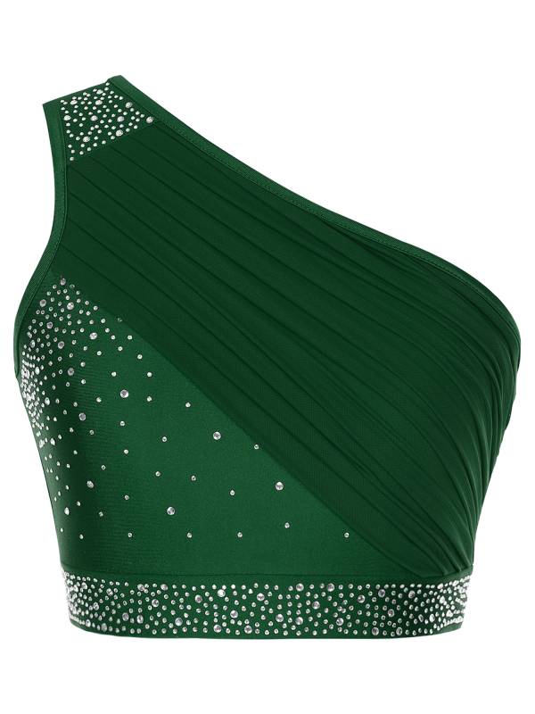 Women 2pcs One Shoulder Rhinestones Crop Top and Asymmetrical Skirt Dance Set thumb