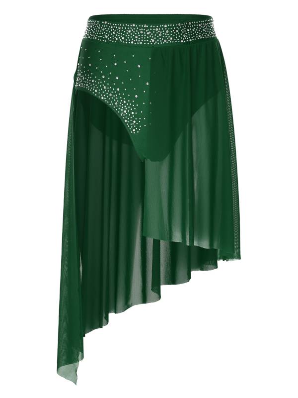 Women 2pcs One Shoulder Rhinestones Crop Top and Asymmetrical Skirt Dance Set thumb