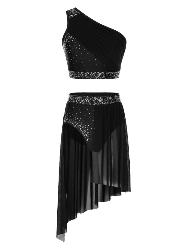 Women 2pcs One Shoulder Rhinestones Crop Top and Asymmetrical Skirt Dance Set thumb