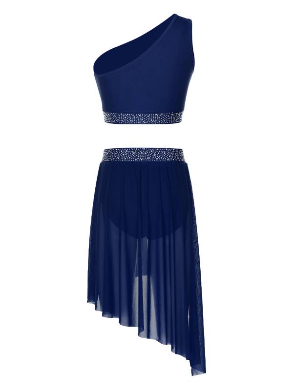 Women 2pcs One Shoulder Rhinestones Crop Top and Asymmetrical Skirt Dance Set thumb