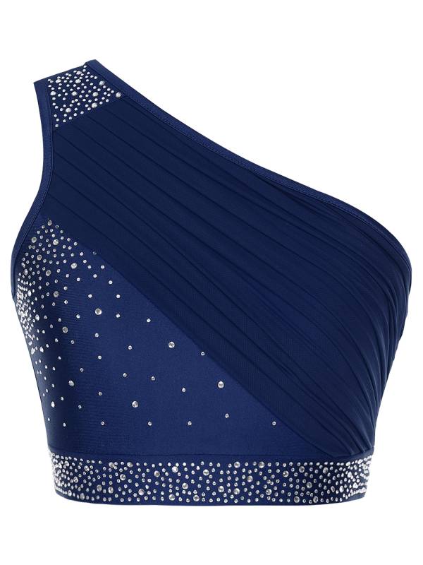 Women 2pcs One Shoulder Rhinestones Crop Top and Asymmetrical Skirt Dance Set thumb