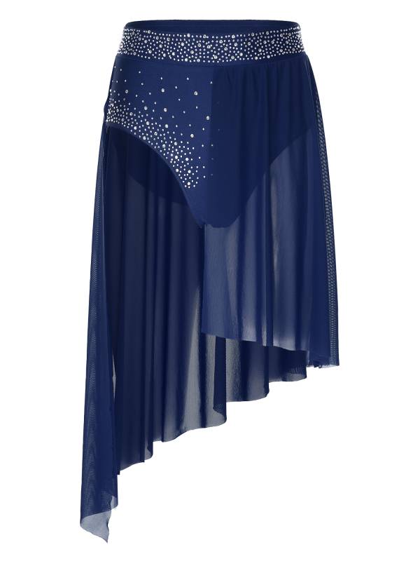Women 2pcs One Shoulder Rhinestones Crop Top and Asymmetrical Skirt Dance Set thumb
