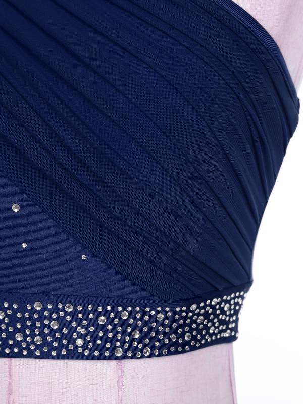 Women 2pcs One Shoulder Rhinestones Crop Top and Asymmetrical Skirt Dance Set thumb