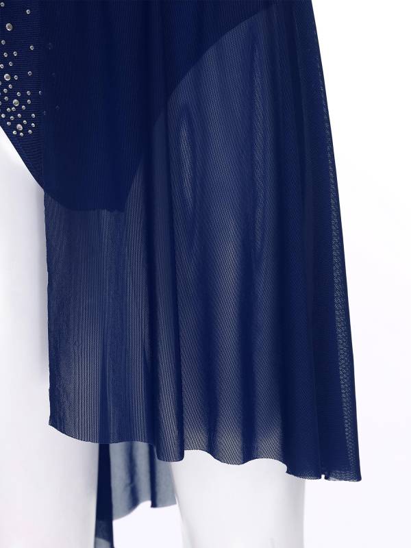 Women 2pcs One Shoulder Rhinestones Crop Top and Asymmetrical Skirt Dance Set thumb