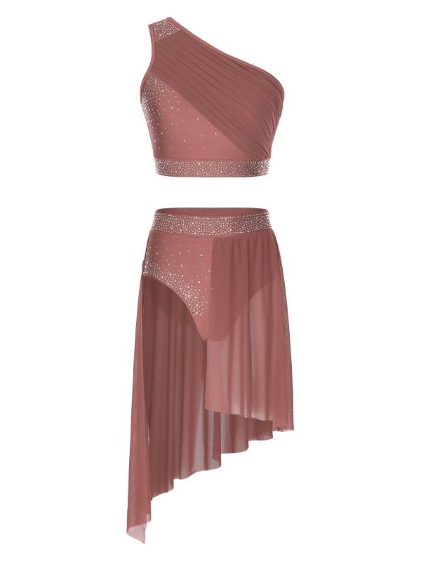 Women 2pcs One Shoulder Rhinestones Crop Top and Asymmetrical Skirt Dance Set thumb
