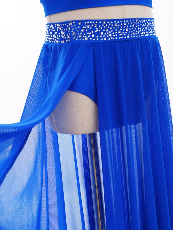 Kids Girls Rhinestones Mesh Hi-Lo Skirt for Lyrical Contemporary Dance thumb