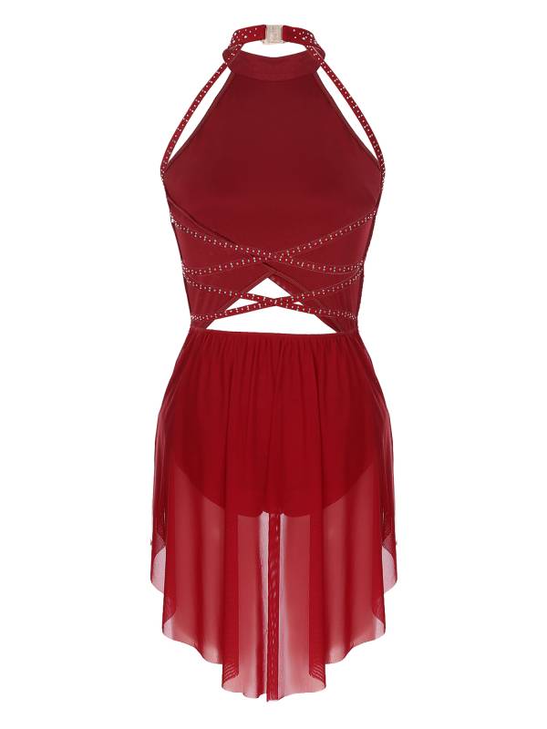 Women Sleeveless Backless Mesh Rhinestone Lyrical Dance Leotard Dress thumb