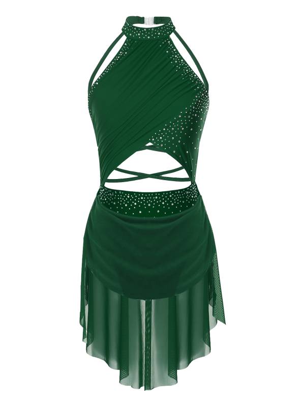 Women Sleeveless Backless Mesh Rhinestone Lyrical Dance Leotard Dress thumb