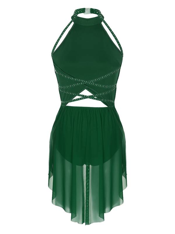 Women Sleeveless Backless Mesh Rhinestone Lyrical Dance Leotard Dress thumb
