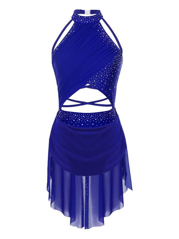 Women Sleeveless Backless Mesh Rhinestone Lyrical Dance Leotard Dress thumb