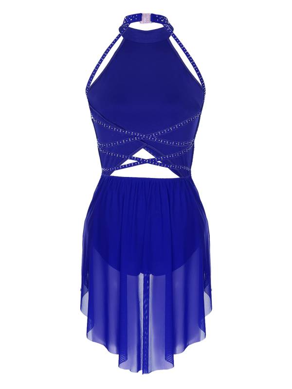 Women Sleeveless Backless Mesh Rhinestone Lyrical Dance Leotard Dress thumb