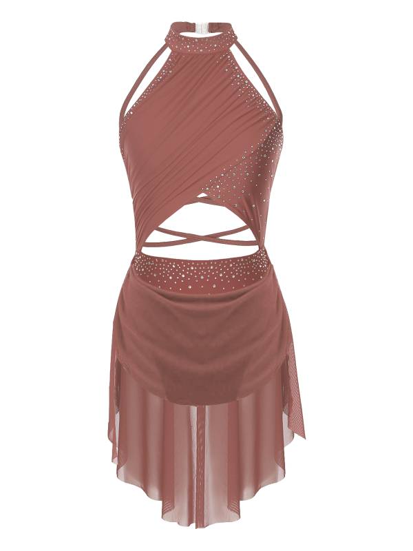 Women Sleeveless Backless Mesh Rhinestone Lyrical Dance Leotard Dress thumb