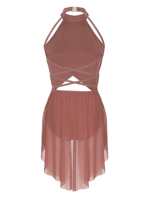 Women Sleeveless Backless Mesh Rhinestone Lyrical Dance Leotard Dress thumb