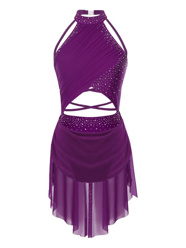 Women Sleeveless Backless Mesh Rhinestone Lyrical Dance Leotard Dress thumb