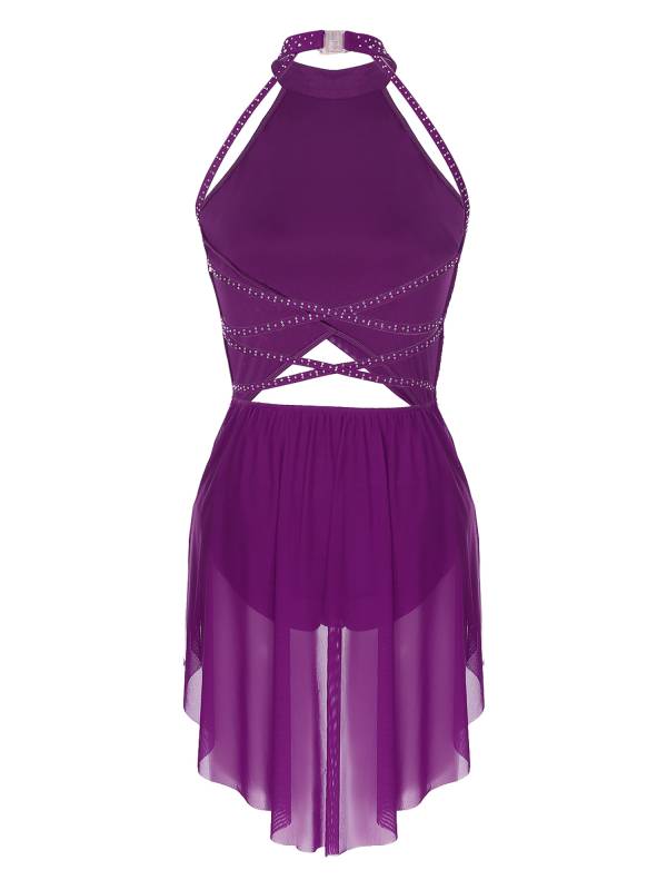 Women Sleeveless Backless Mesh Rhinestone Lyrical Dance Leotard Dress thumb