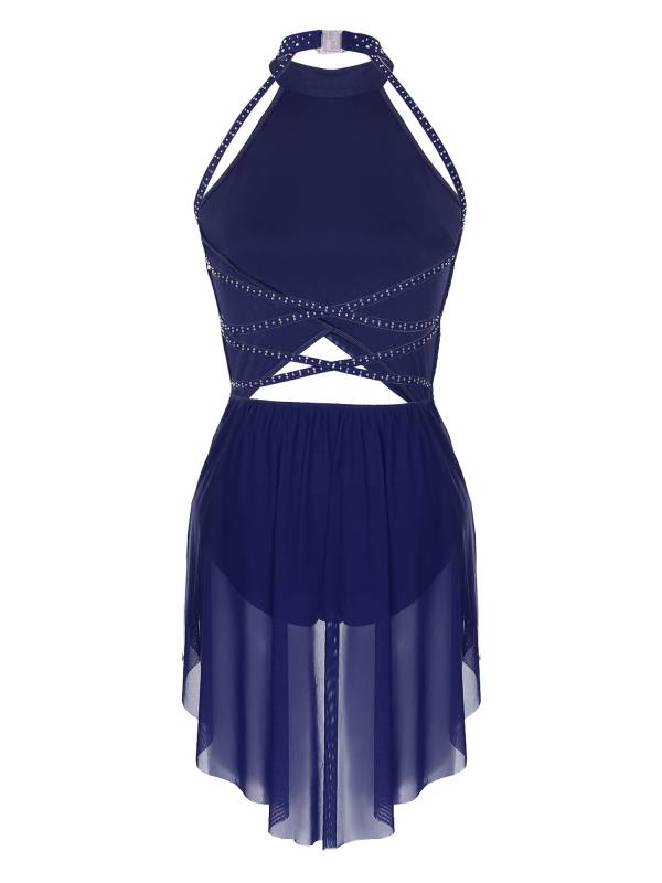 Women Sleeveless Backless Mesh Rhinestone Lyrical Dance Leotard Dress thumb
