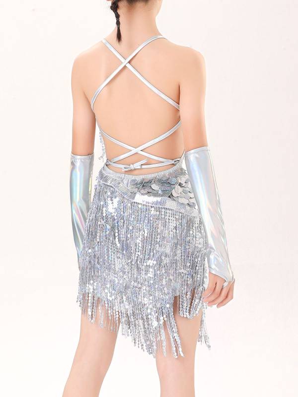 Kids Girls V Neck Straps Self-Tie Backless Sequins Tassel Latin Dance Dress thumb