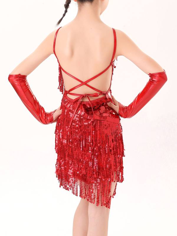 Kids Girls V Neck Straps Self-Tie Backless Sequins Tassel Latin Dance Dress thumb