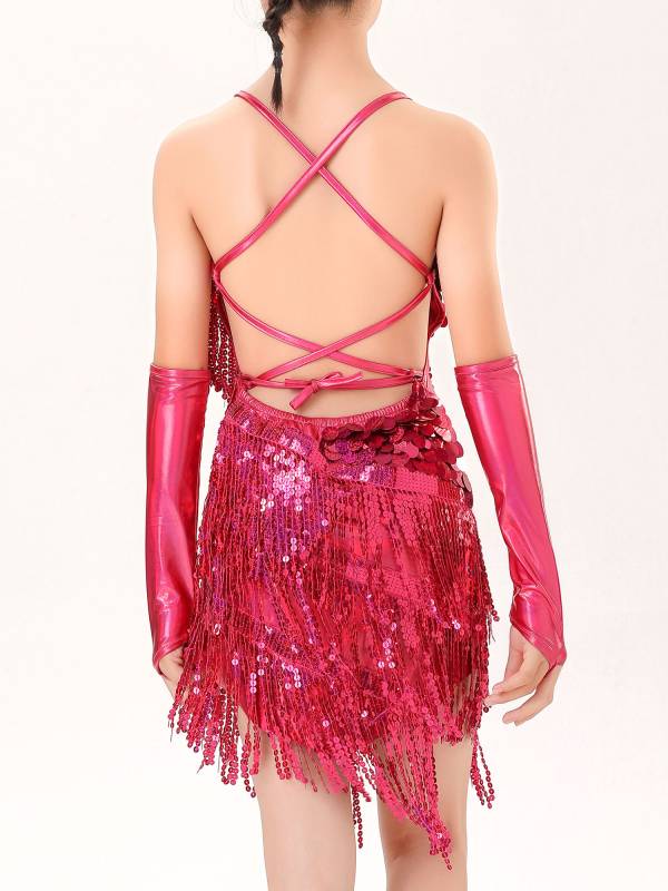 Kids Girls V Neck Straps Self-Tie Backless Sequins Tassel Latin Dance Dress thumb