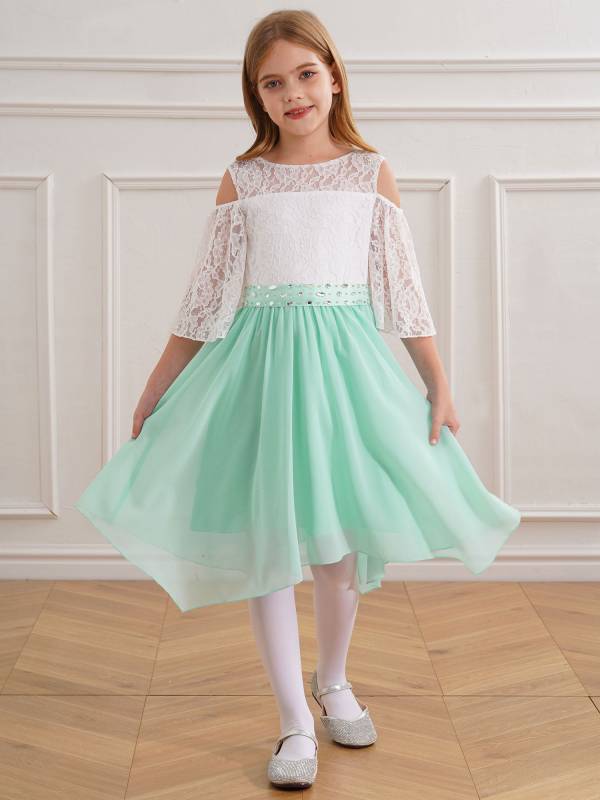 Kids Girls Party Dress with Rhinestone Belt Flare Sleeve Asymmetrical Dress thumb