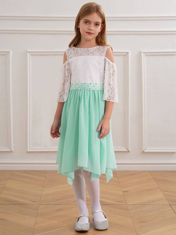Kids Girls Party Dress with Rhinestone Belt Flare Sleeve Asymmetrical Dress thumb