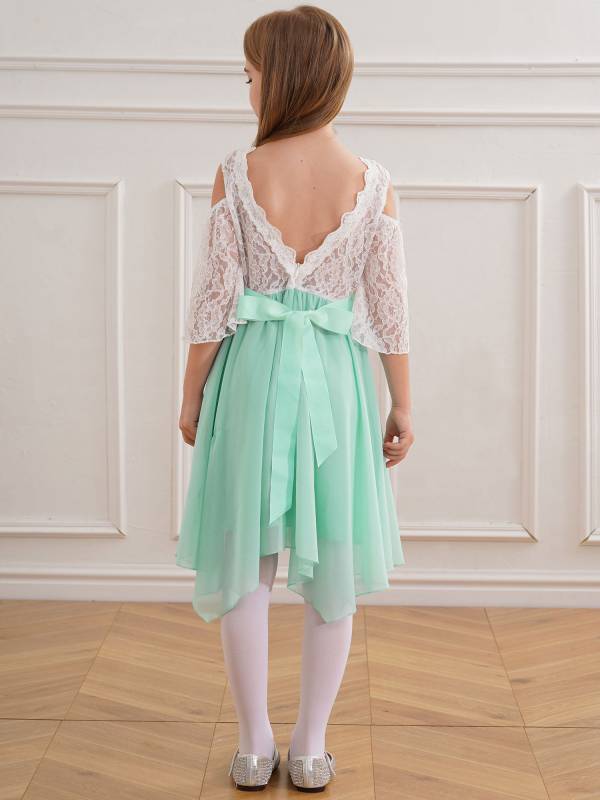 Kids Girls Party Dress with Rhinestone Belt Flare Sleeve Asymmetrical Dress thumb