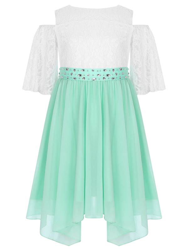 Kids Girls Party Dress with Rhinestone Belt Flare Sleeve Asymmetrical Dress thumb