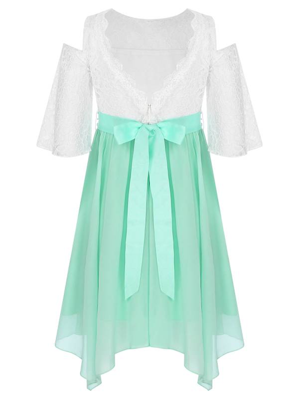 Kids Girls Party Dress with Rhinestone Belt Flare Sleeve Asymmetrical Dress thumb