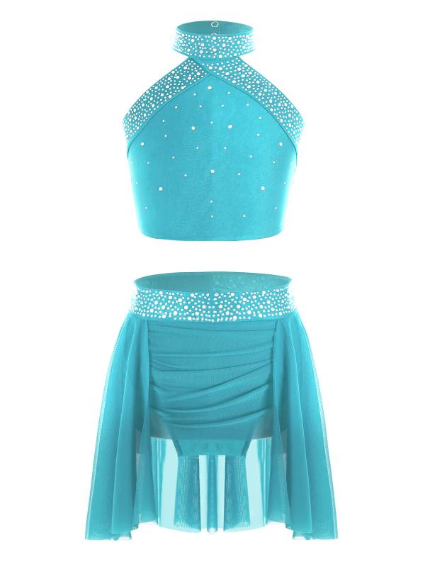 Kids Girls 2pcs Sleeveless Backless Crop Top and Mini Skirt Dance Set thumb