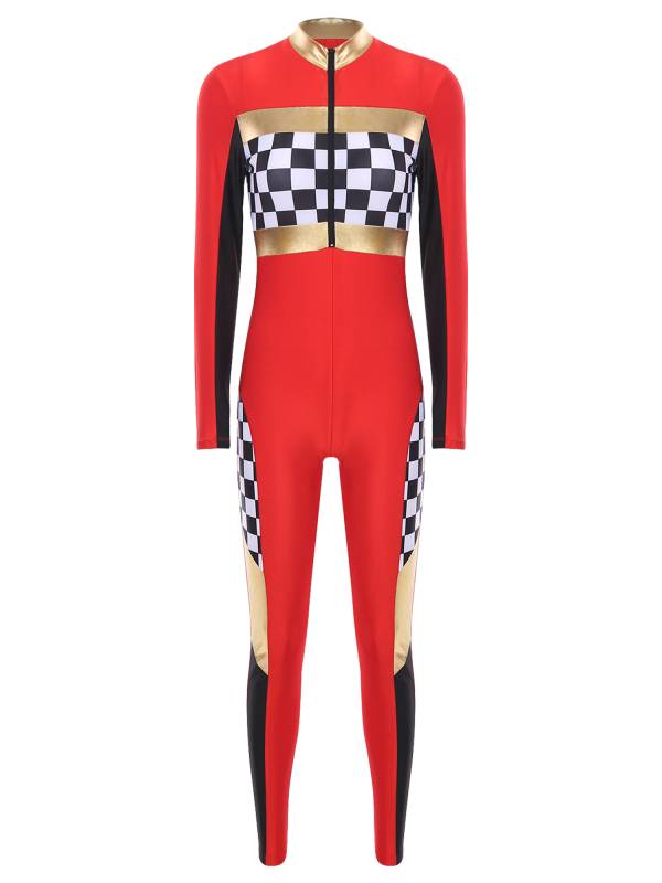Women Long Sleeve Front Zipper Checkerboard Print Racer Driver Jumpsuit thumb