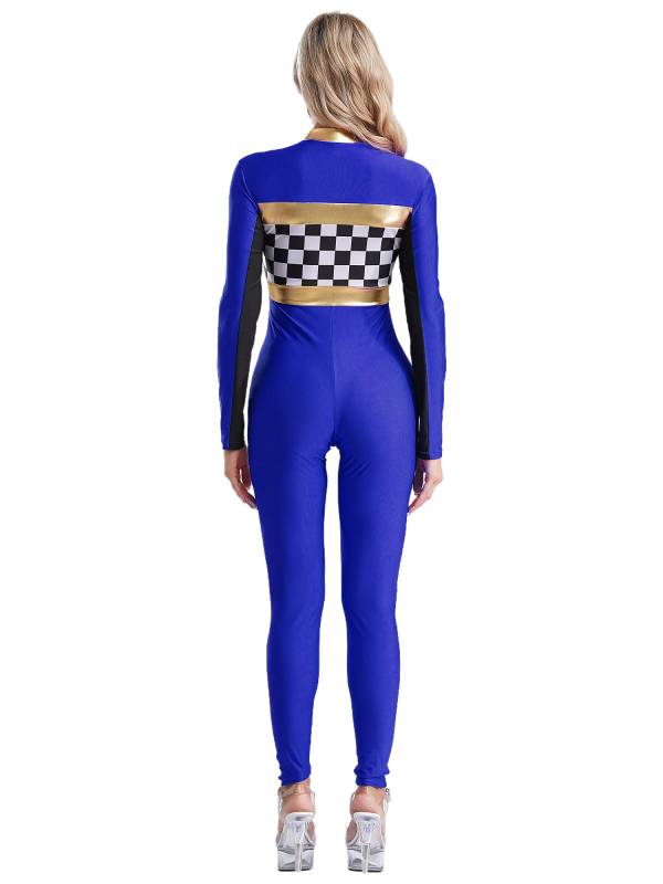 Women Long Sleeve Front Zipper Checkerboard Print Racer Driver Jumpsuit thumb