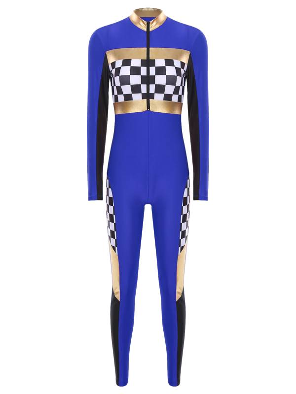 Women Long Sleeve Front Zipper Checkerboard Print Racer Driver Jumpsuit thumb
