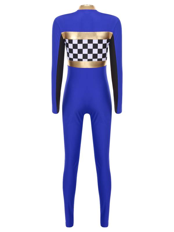 Women Long Sleeve Front Zipper Checkerboard Print Racer Driver Jumpsuit thumb