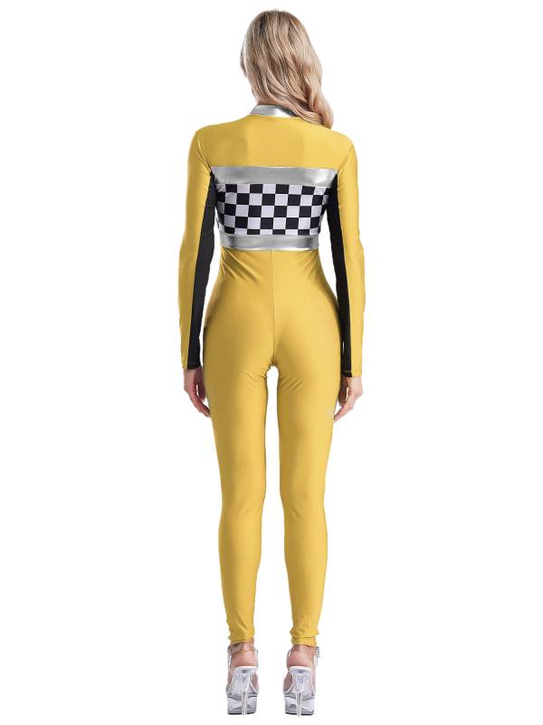 Women Long Sleeve Front Zipper Checkerboard Print Racer Driver Jumpsuit thumb