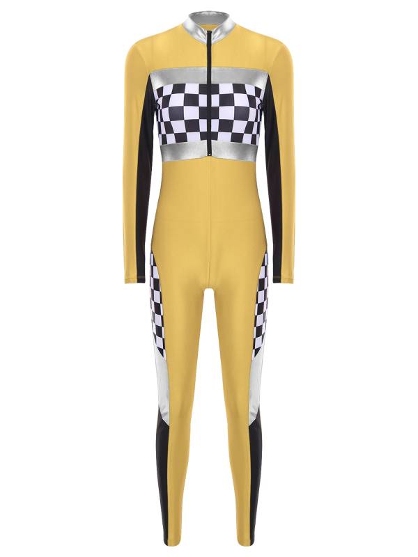 Women Long Sleeve Front Zipper Checkerboard Print Racer Driver Jumpsuit thumb