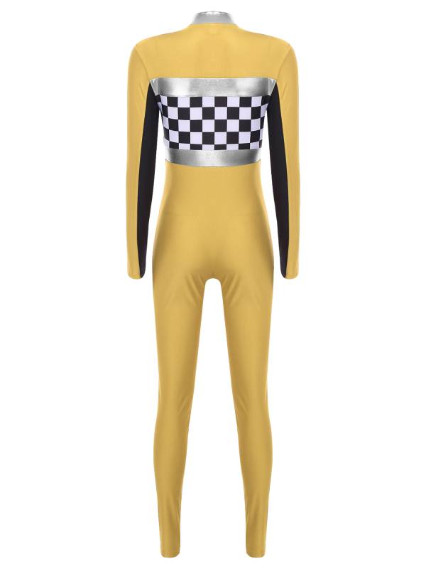 Women Long Sleeve Front Zipper Checkerboard Print Racer Driver Jumpsuit thumb