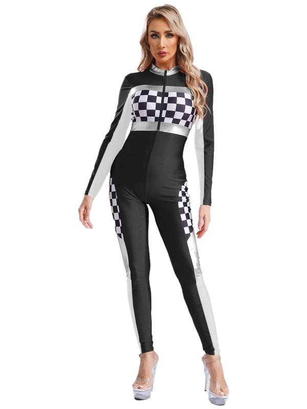 Women Long Sleeve Front Zipper Checkerboard Print Racer Driver Jumpsuit thumb